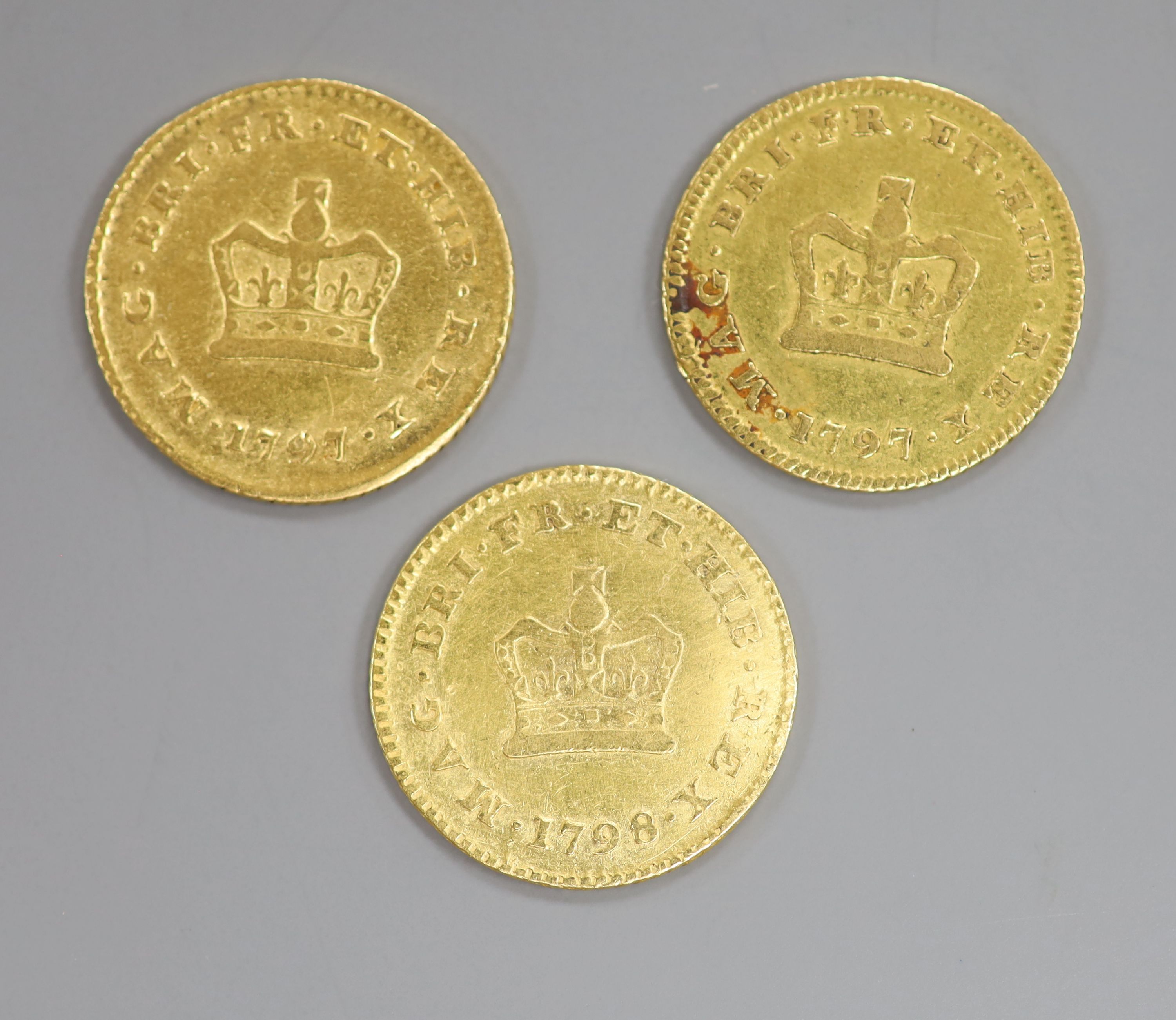 Three George III gold one third guineas, 1797(2) & 1798.